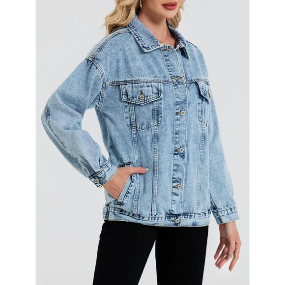 Women's Oversized Denim Jacket Jean Jacket Trendy Loose Fall Trucker Light Blue - Picture 7 of 7